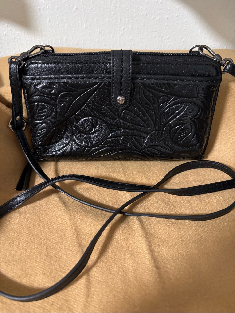 Black Embossed Leather Crossbody Wallet - Women's Shoulder Bag